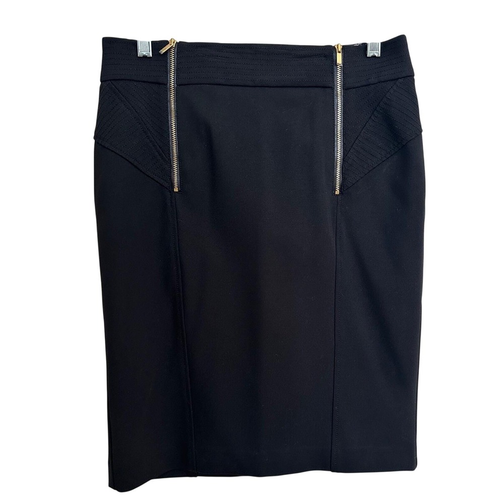 VINTAGE CACHÉ Y2K Moto Pencil Skirt // 00s Office Siren Gold Zipper Midi Size 8